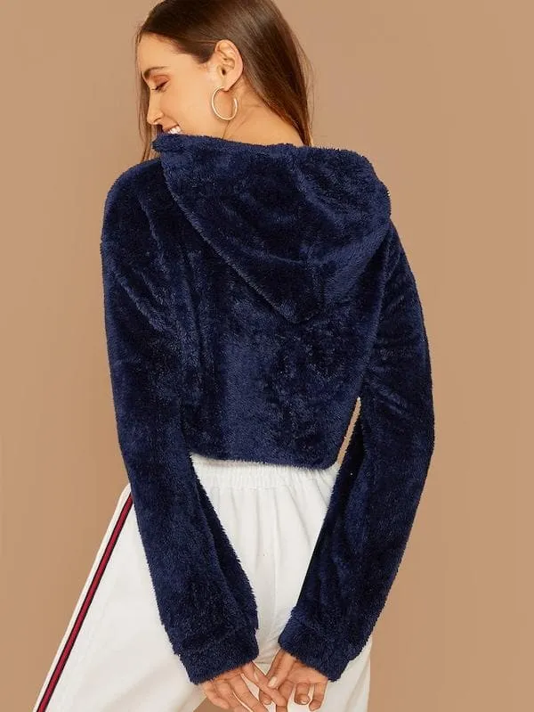 Oversized Drop Shoulder Crop Teddy Hoodie Pullover