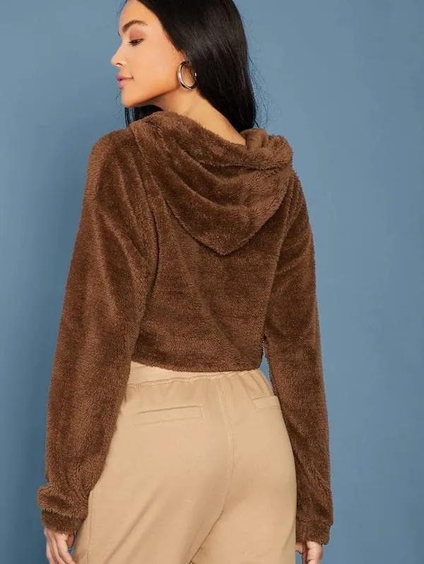 Oversized Drop Shoulder Crop Teddy Hoodie Pullover