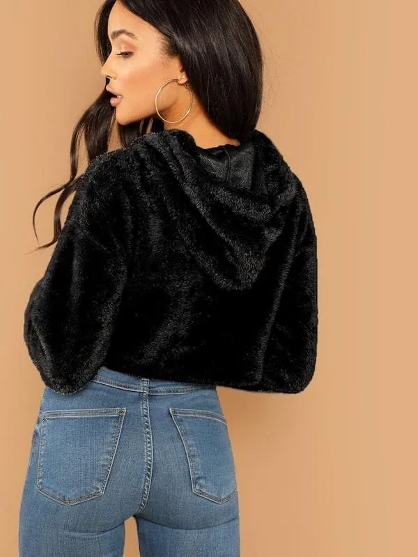 Oversized Drop Shoulder Crop Teddy Hoodie Pullover
