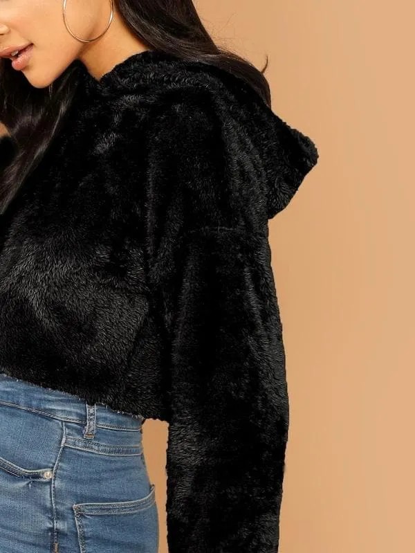 Oversized Drop Shoulder Crop Teddy Hoodie Pullover