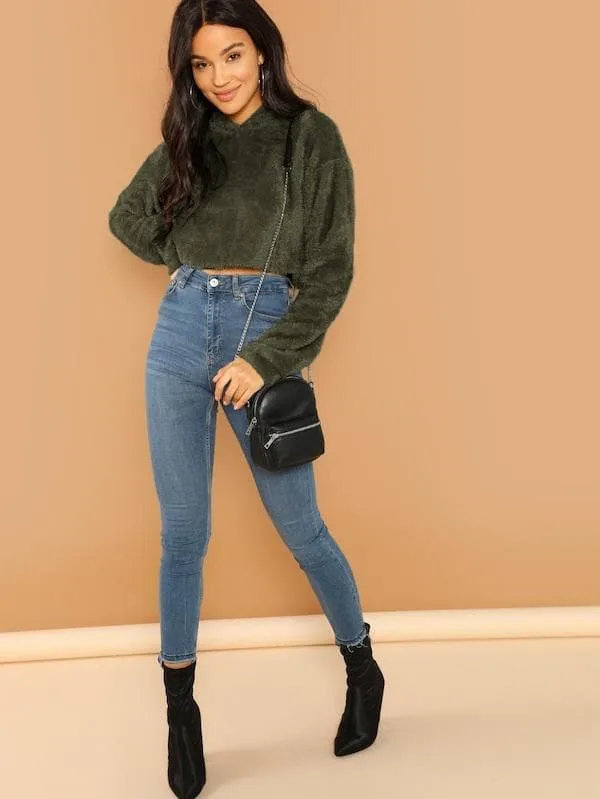 Oversized Drop Shoulder Crop Teddy Hoodie Pullover