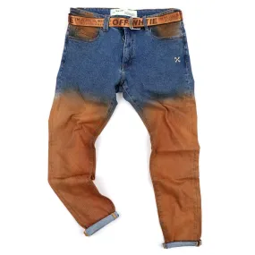 O.W Virgil Abloh Collection Two-Toned Executive Denim Label Jeans- Blue