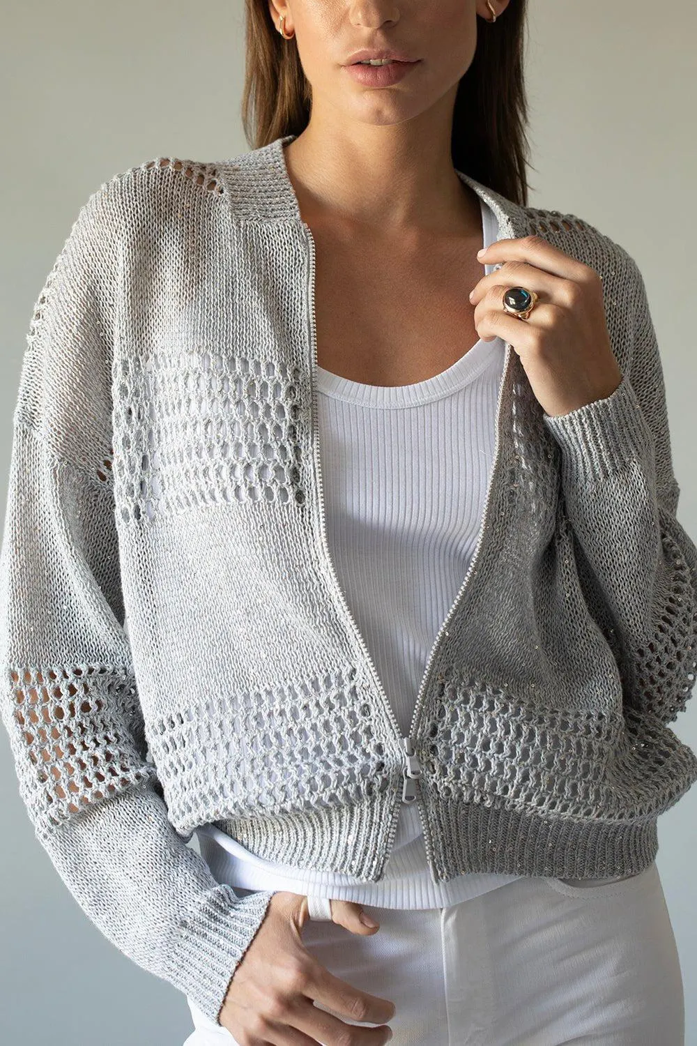 Pailette Knit Bomber - Silver