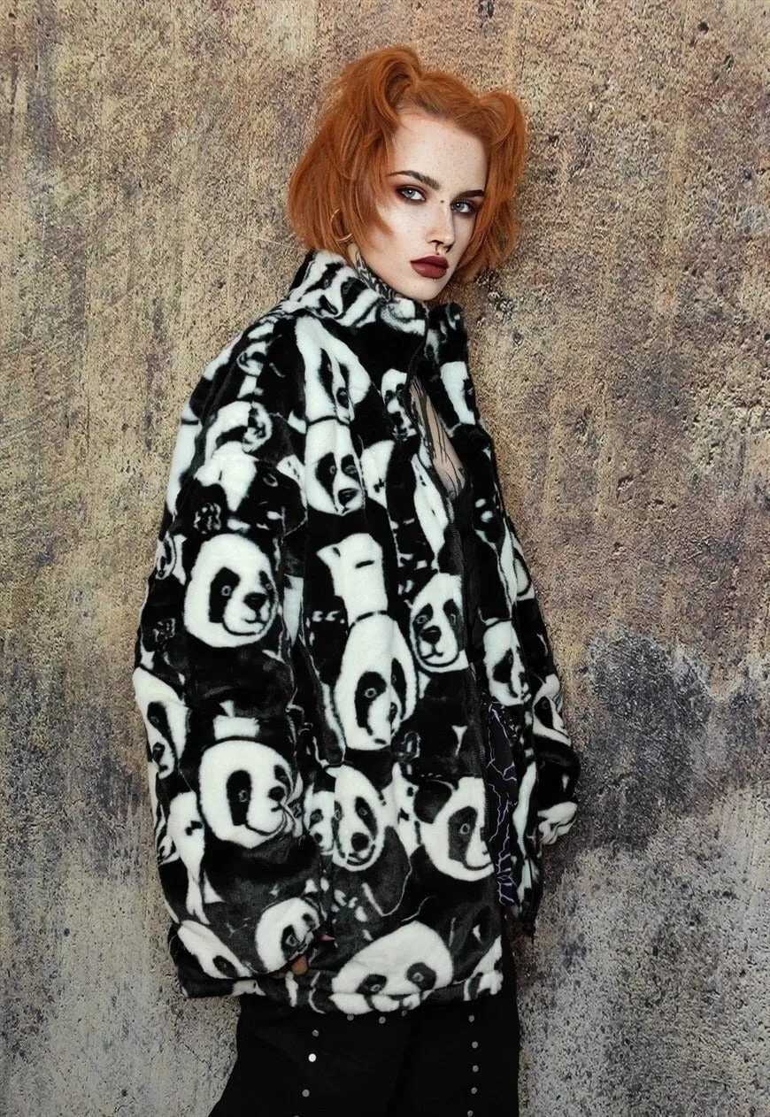 Panda fleece jacket animal print fluffy retro bomber black