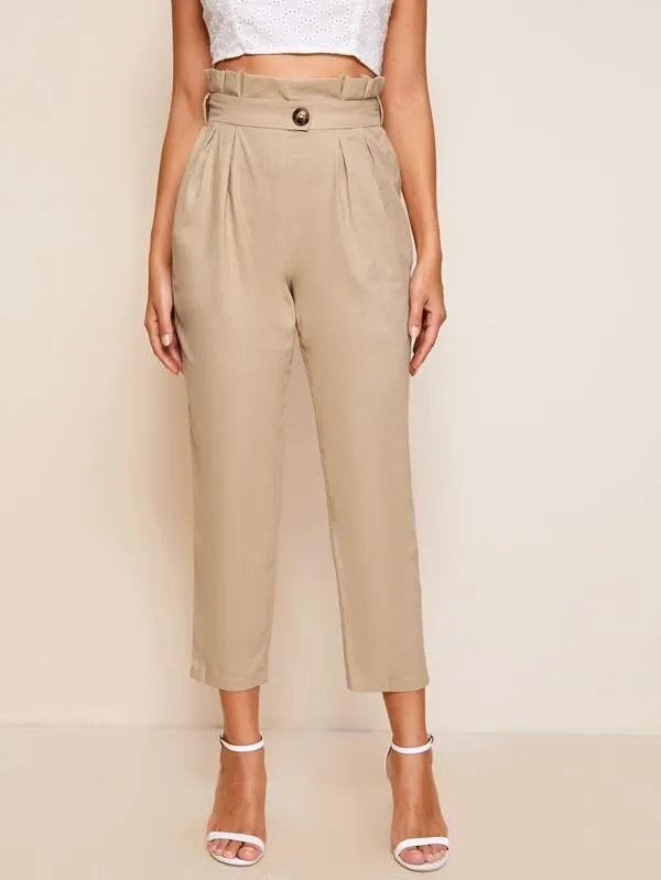 Paperbag Waist Buttoned Detail Tapered Pants