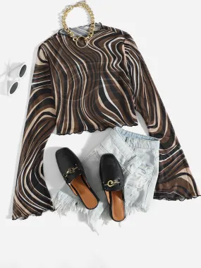 Parien Allover Print Flounce Sleeve Mesh Top