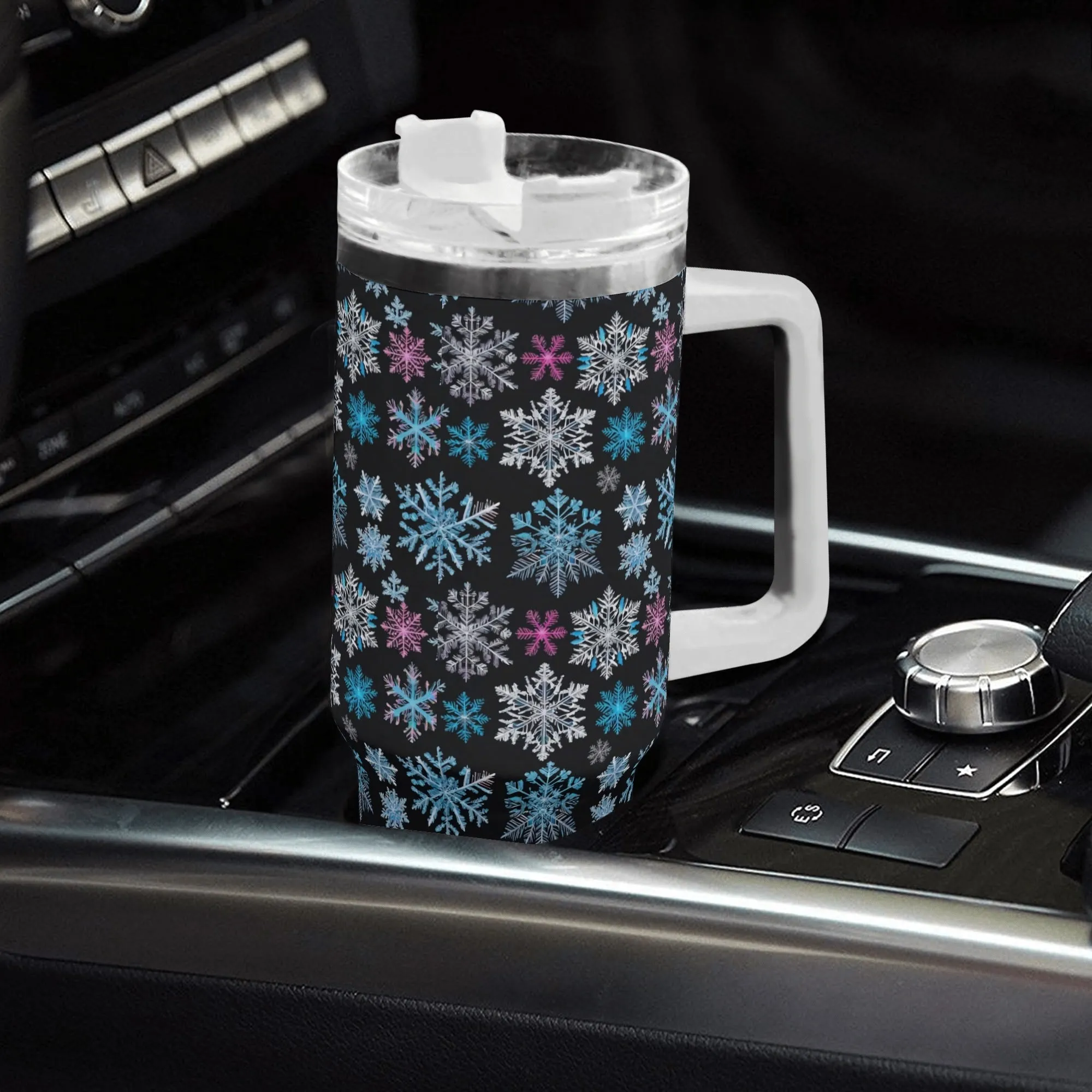 Party Snowflake 40oz Stainless Steel Tumbler Gift With White Handle and Straw