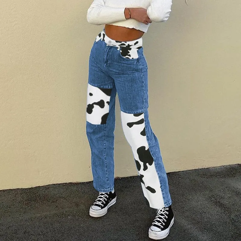 Patchwork Cow Print Vintage Y2K High Waisted Jeans