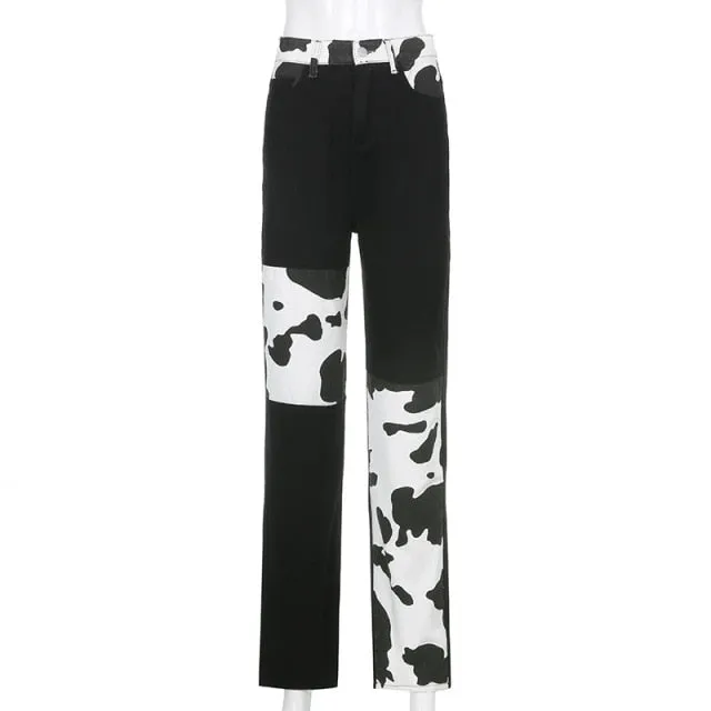 Patchwork Cow Print Vintage Y2K High Waisted Jeans