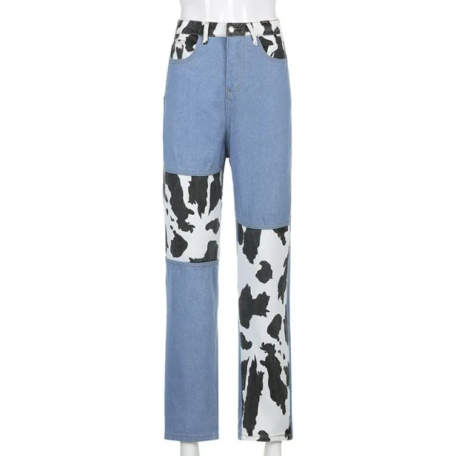 Patchwork Cow Print Vintage Y2K High Waisted Jeans