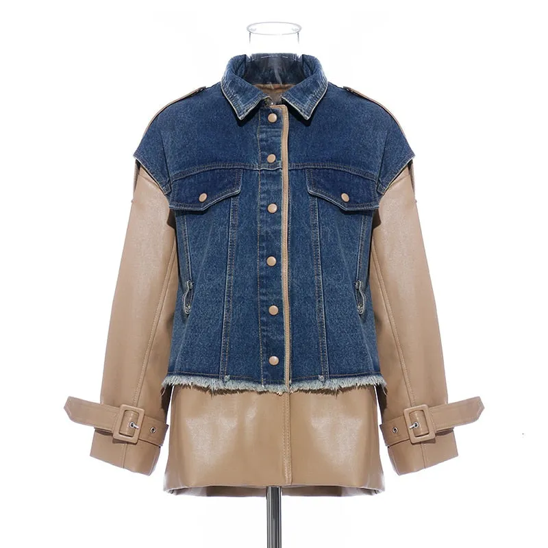 Patchwork Denim  Lapel Collar Long Sleeve Jacket