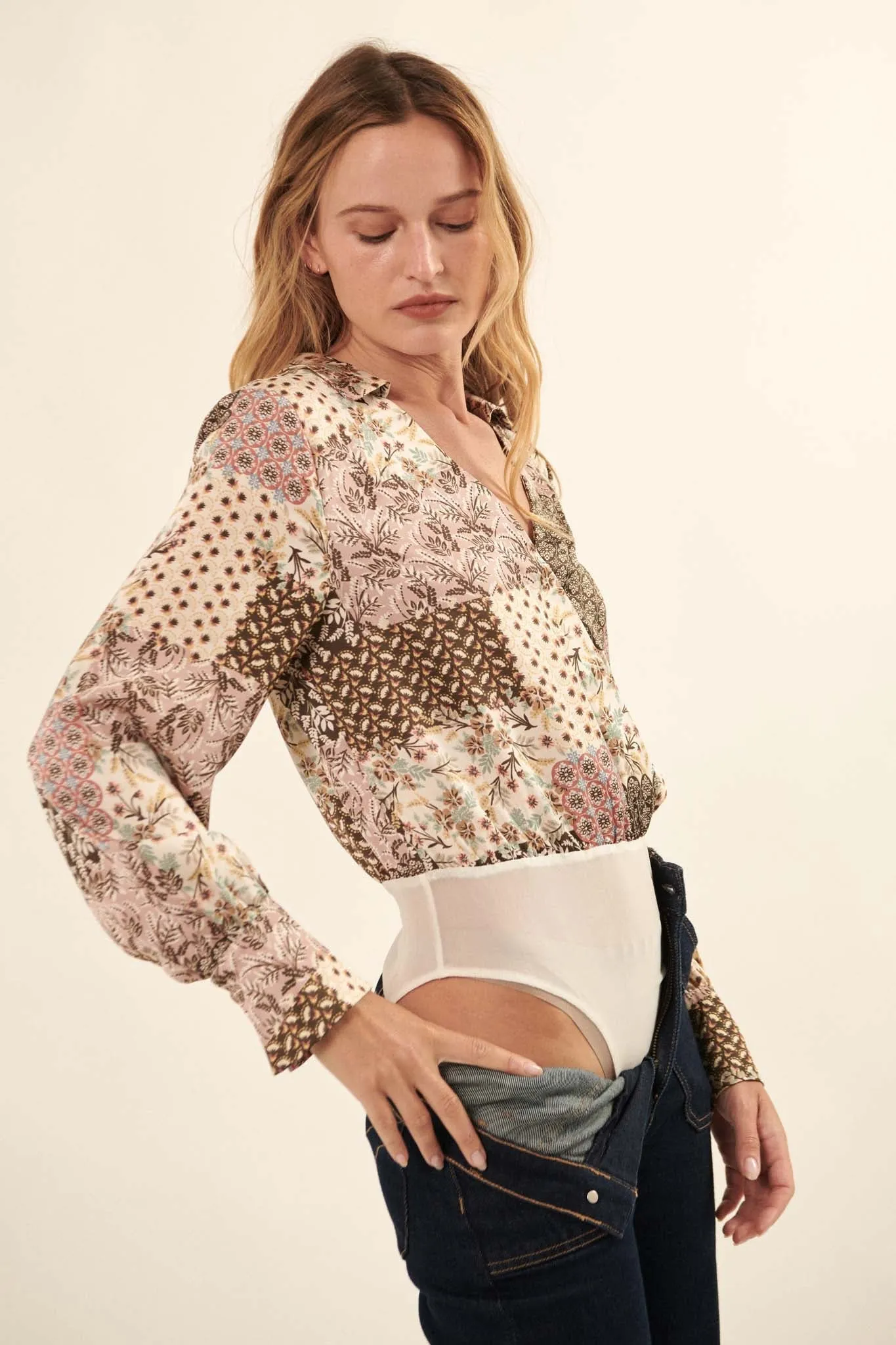 Patchwork Girl Floral Surplice Bodysuit