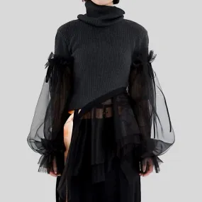 Patchwork Sweater  Turtleneck Puff Long Sleeve Ruffle Hem Knitting Pullover Top