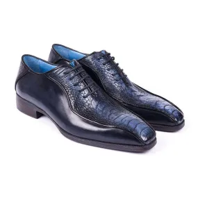 Paul Parkman Handmade Designer Shoes Men's Navy Ostrich Leg & Calfskin Bicycle Toe Oxfords (PM5810)