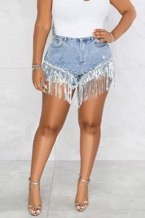 PC684 High Rise Fringe Hem Denim Shorts