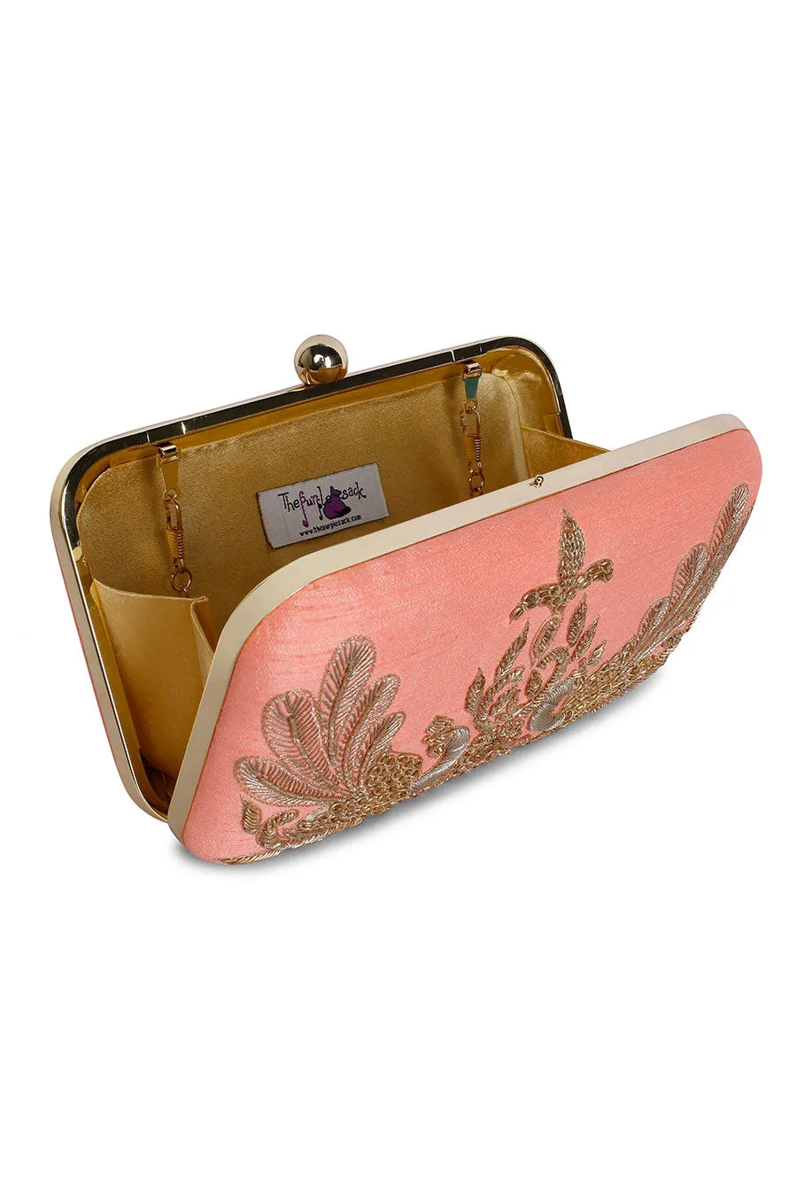Peach Peacock Embroidered Box Clutch