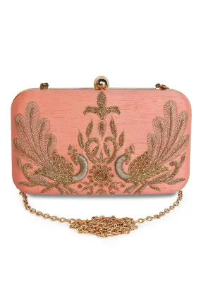 Peach Peacock Embroidered Box Clutch