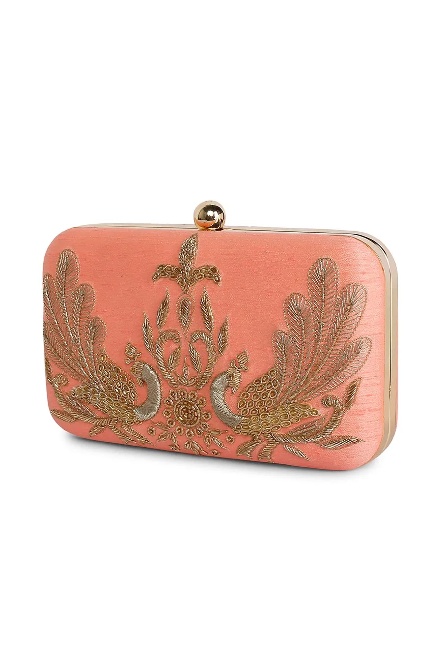 Peach Peacock Embroidered Box Clutch