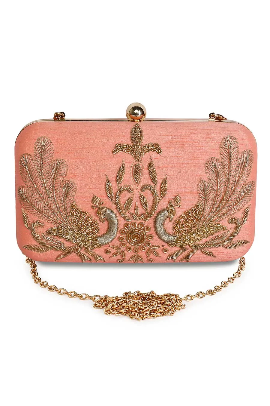 Peach Peacock Embroidered Box Clutch