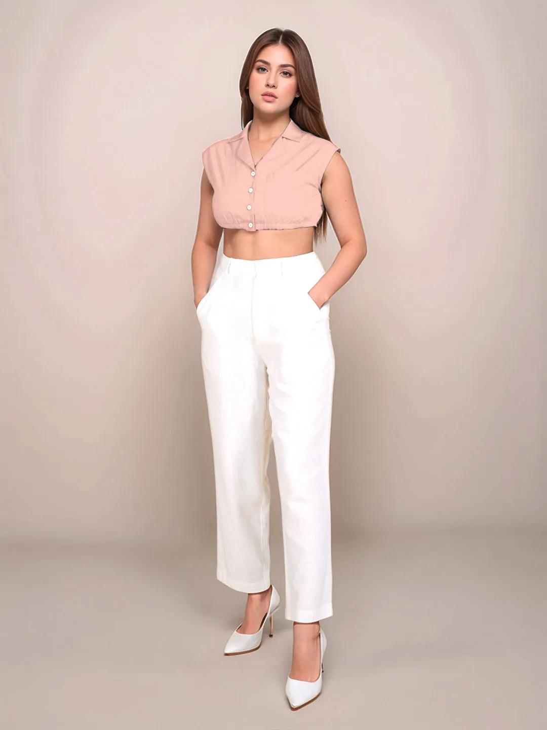 Peach Solid Sleeveless Crop Top