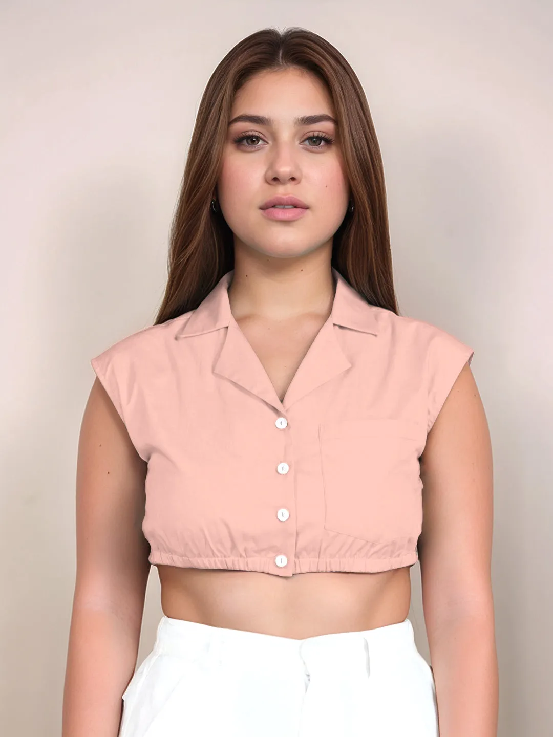Peach Solid Sleeveless Crop Top