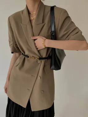Peak Lapel Short Sleeve Crop Blazer - Khaki