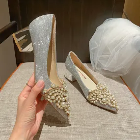 Pearl Beading Sexy Block Heels