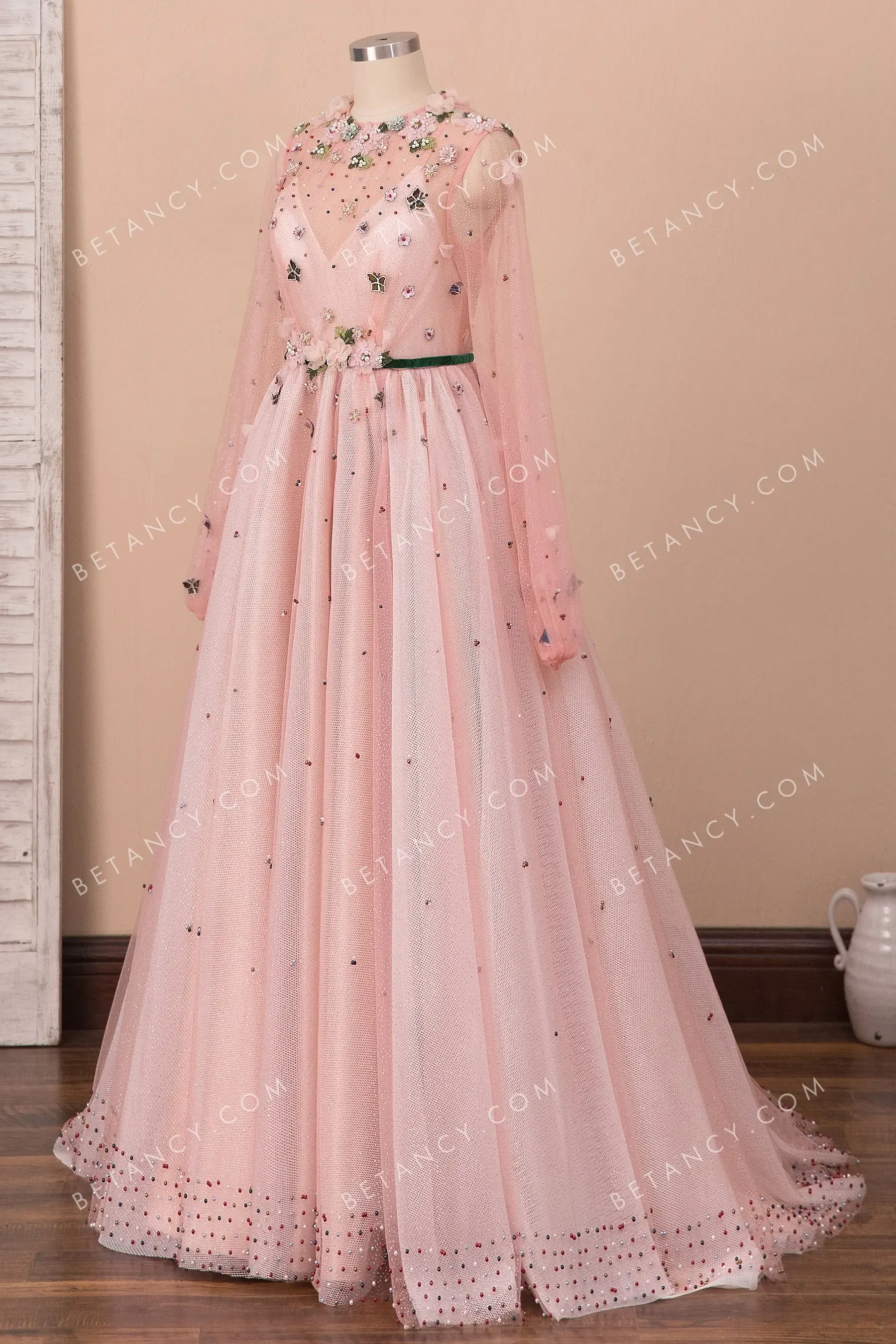 Pearls 3D Flowers Butterflies Pink Tulle Formal Dress