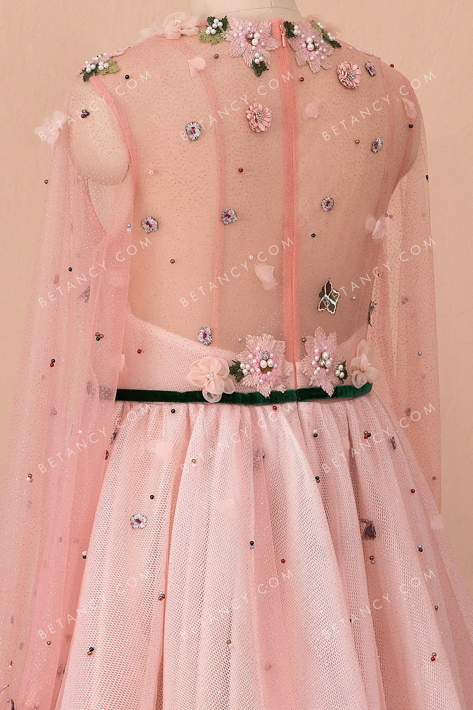 Pearls 3D Flowers Butterflies Pink Tulle Formal Dress