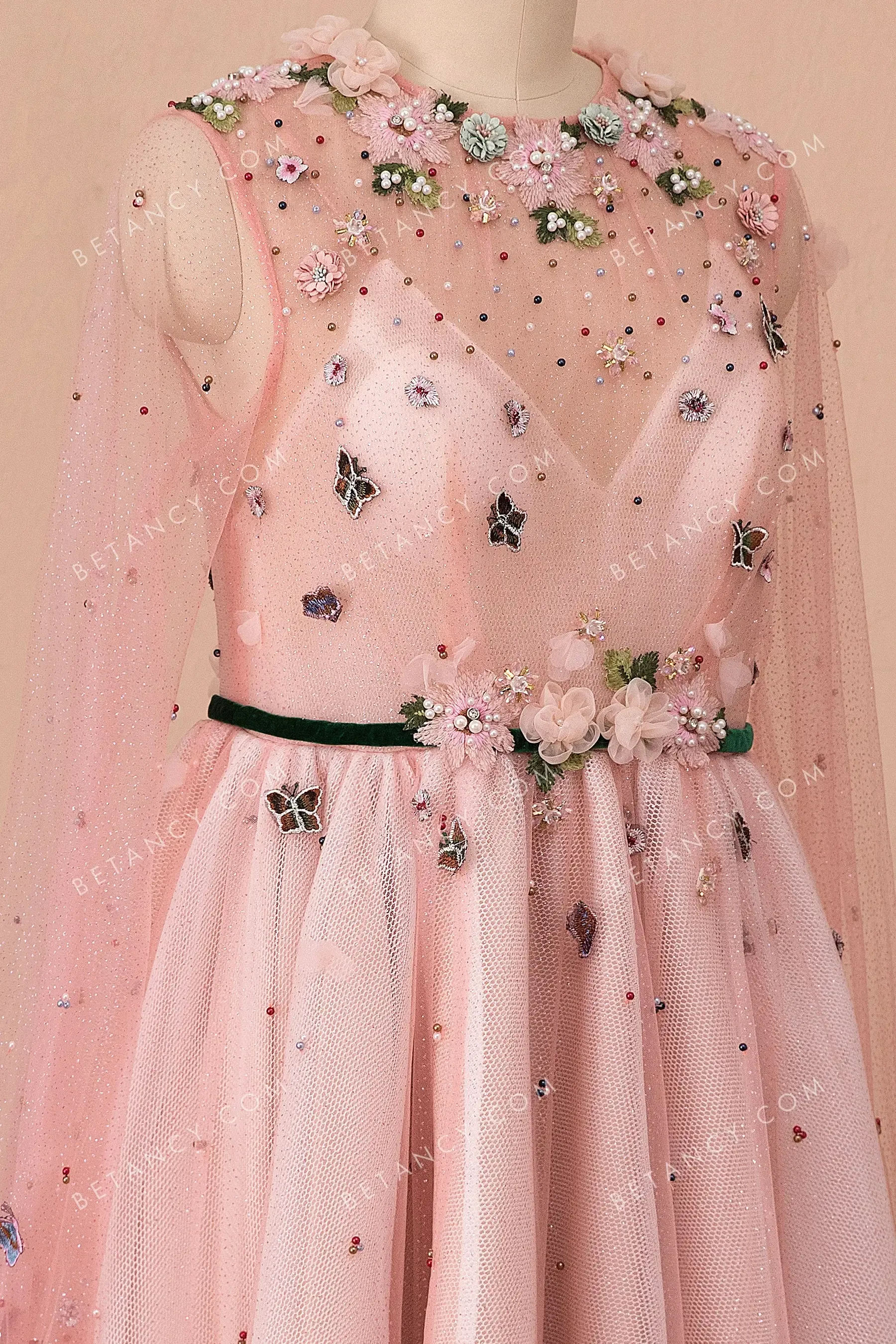 Pearls 3D Flowers Butterflies Pink Tulle Formal Dress