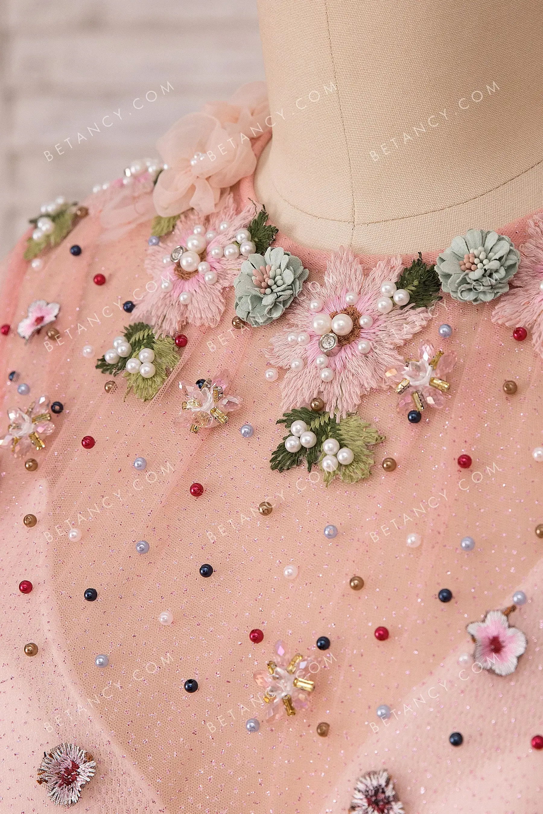 Pearls 3D Flowers Butterflies Pink Tulle Formal Dress