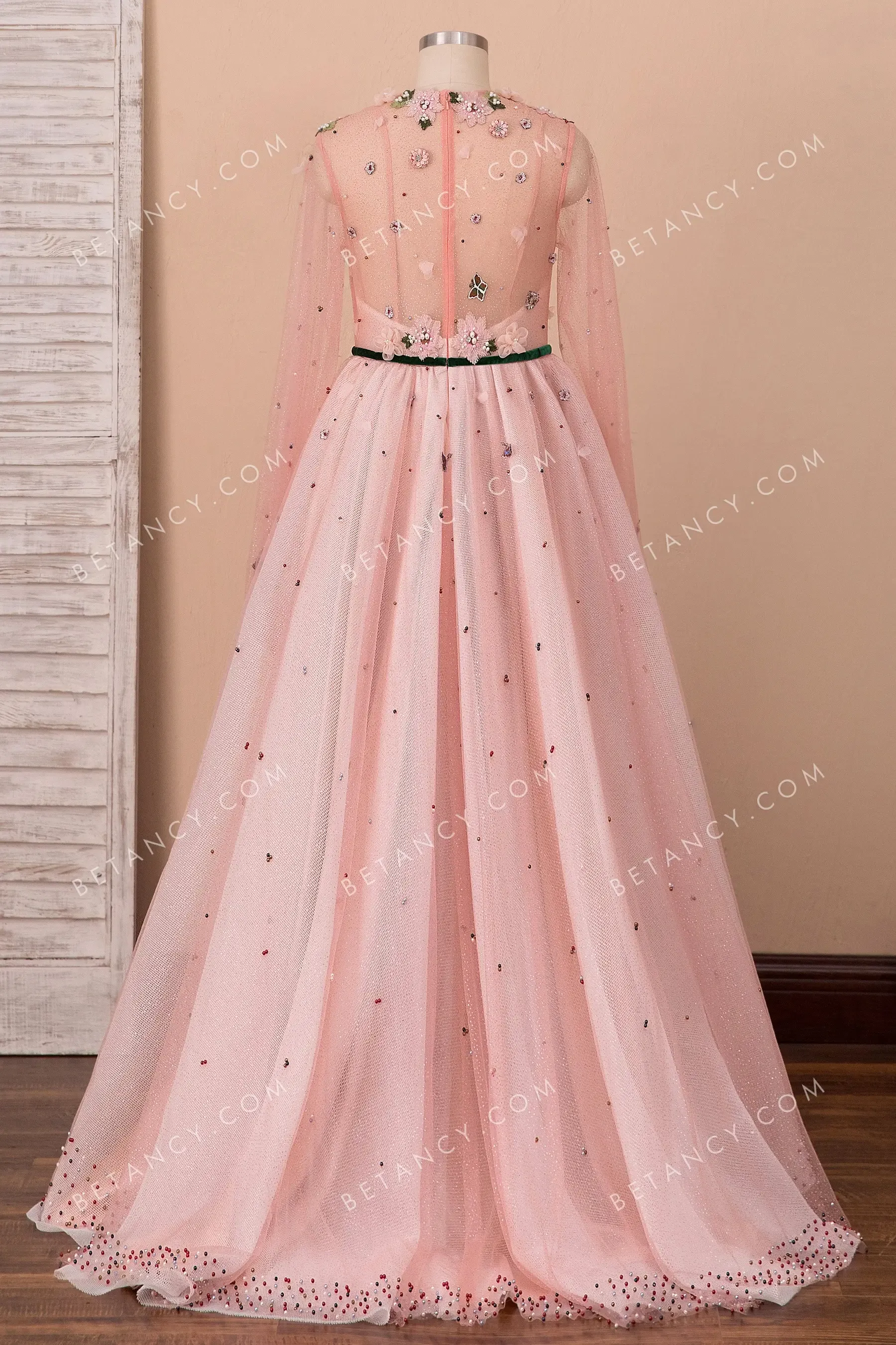 Pearls 3D Flowers Butterflies Pink Tulle Formal Dress