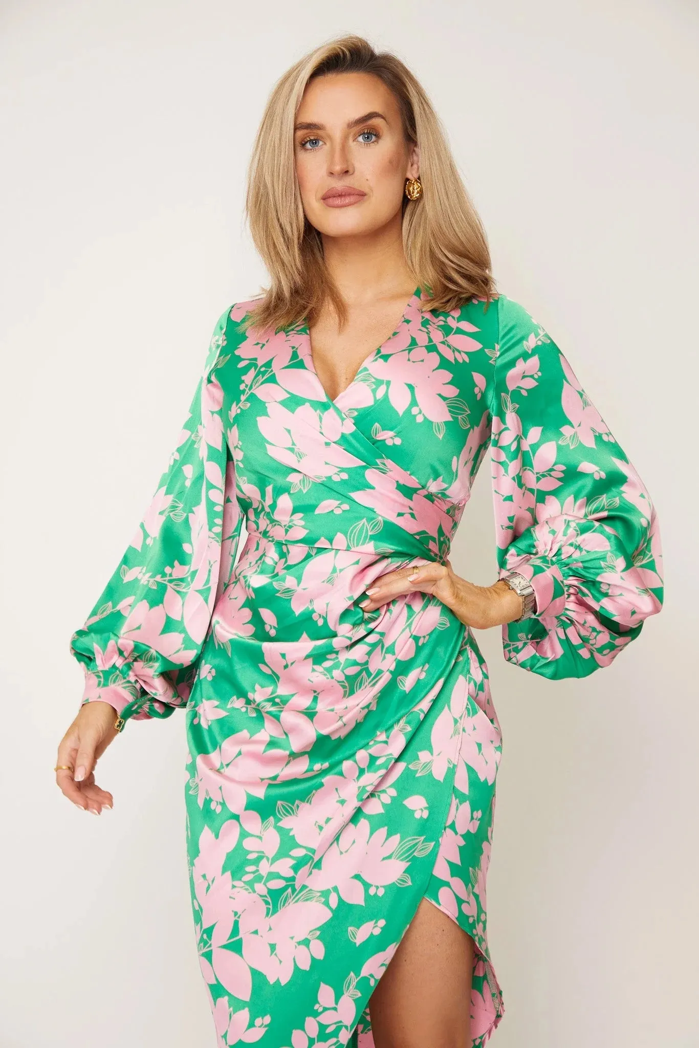 Penny Pink & Green Floral Print Asymmetric Midi Dress