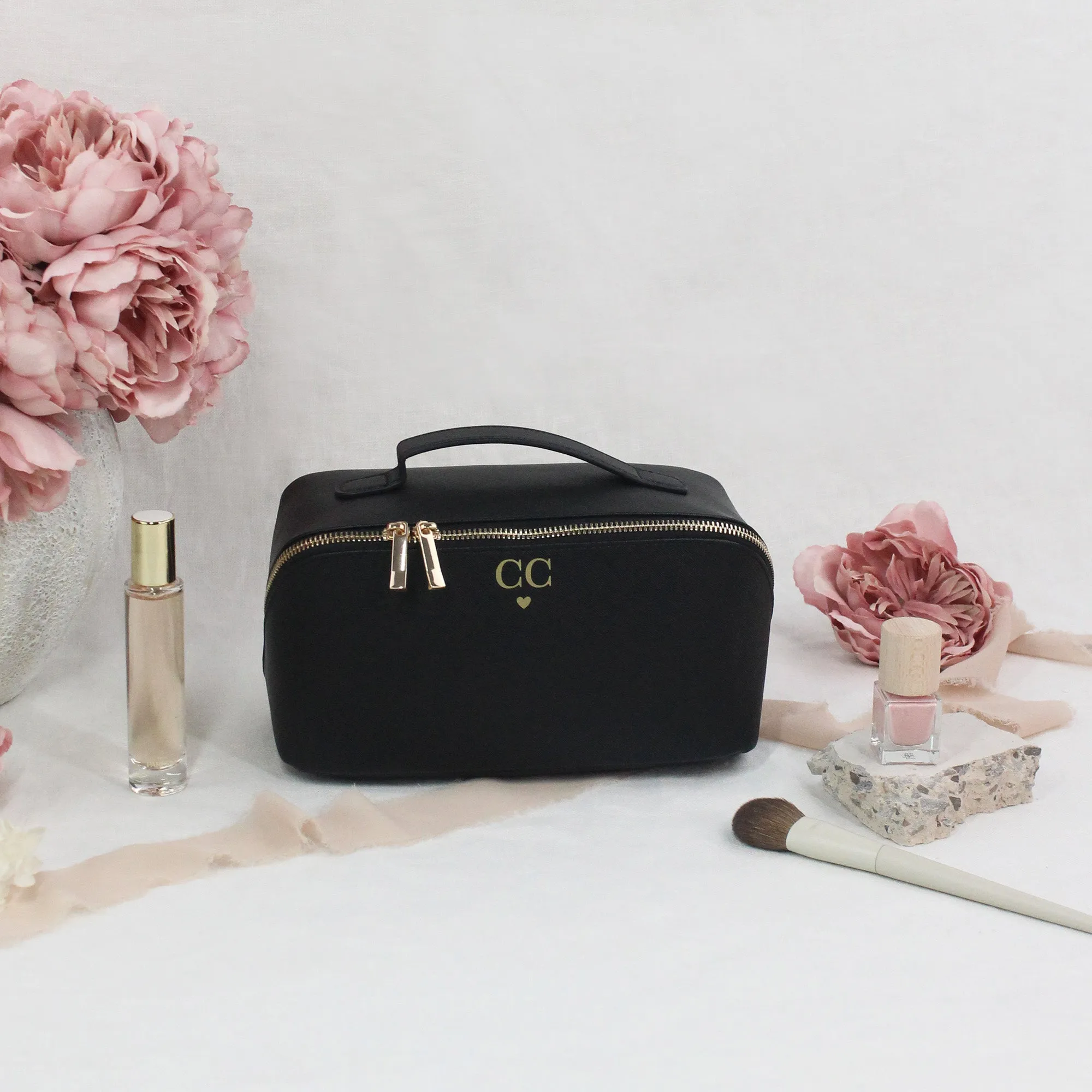Personalised Flat Lay Make Up Bag with Initials & Heart