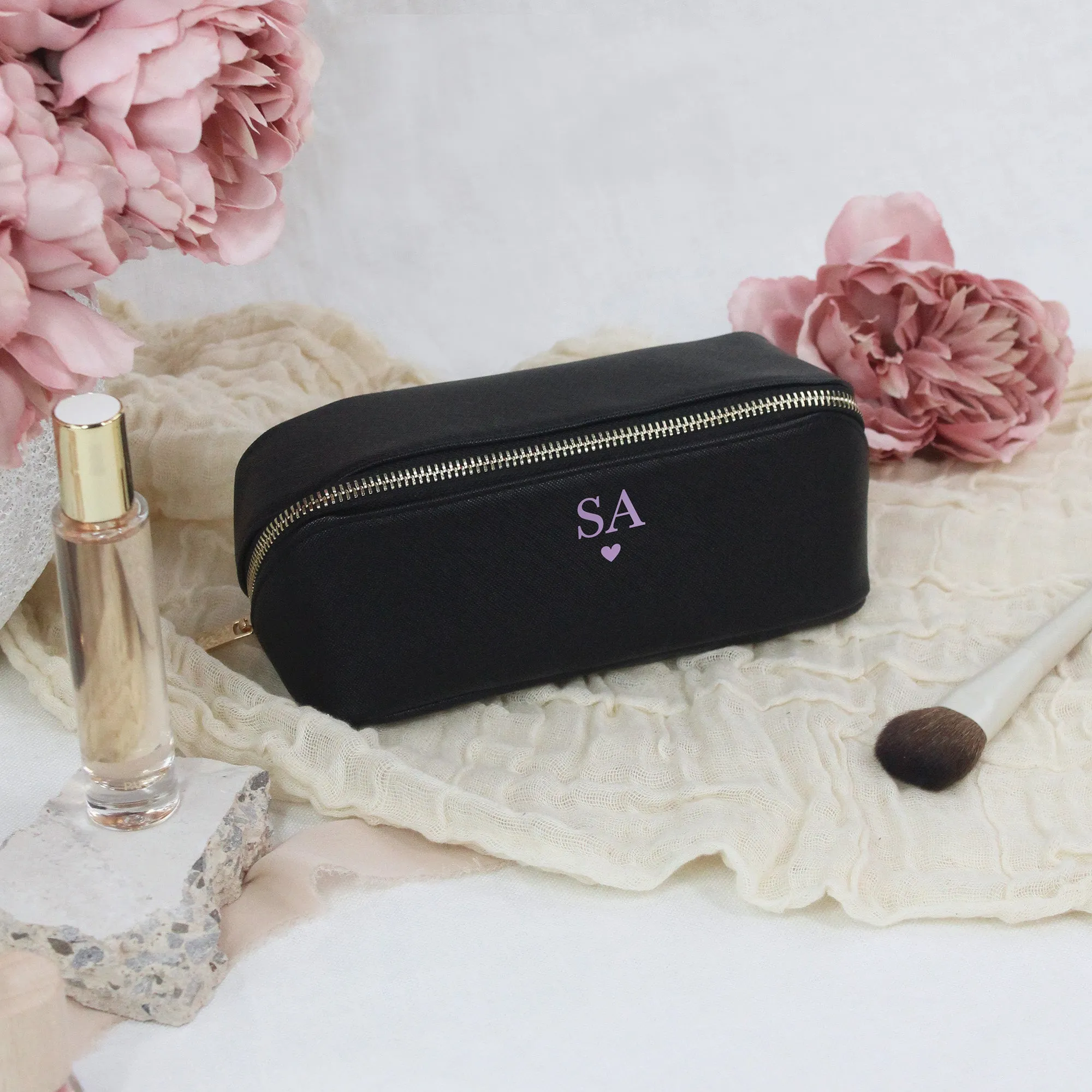 Personalised Flat Lay Make Up Bag with Initials & Heart