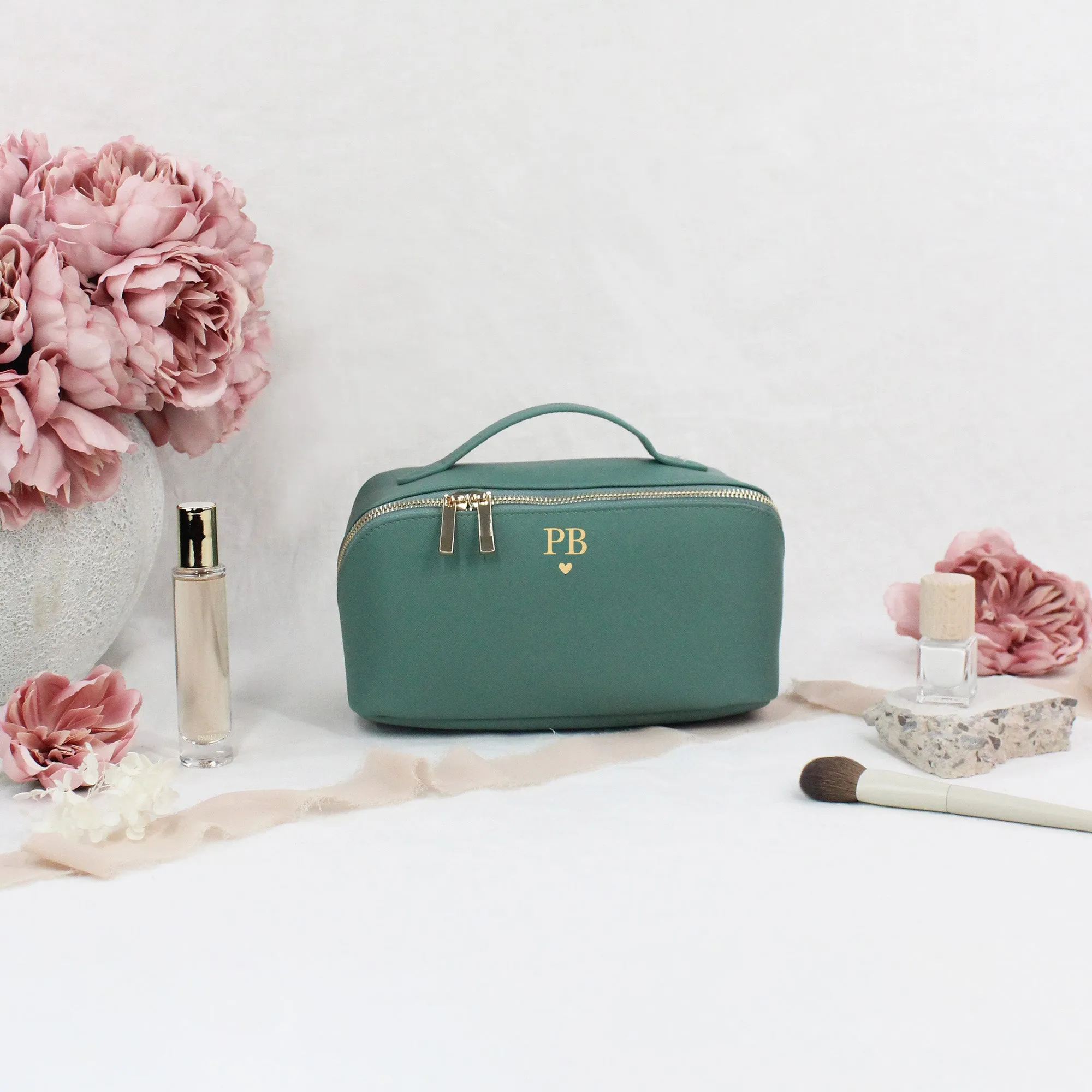 Personalised Flat Lay Make Up Bag with Initials & Heart