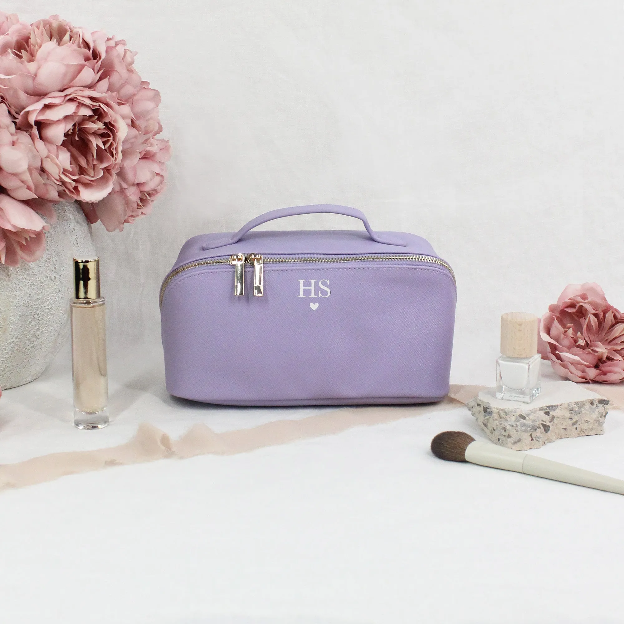 Personalised Flat Lay Make Up Bag with Initials & Heart
