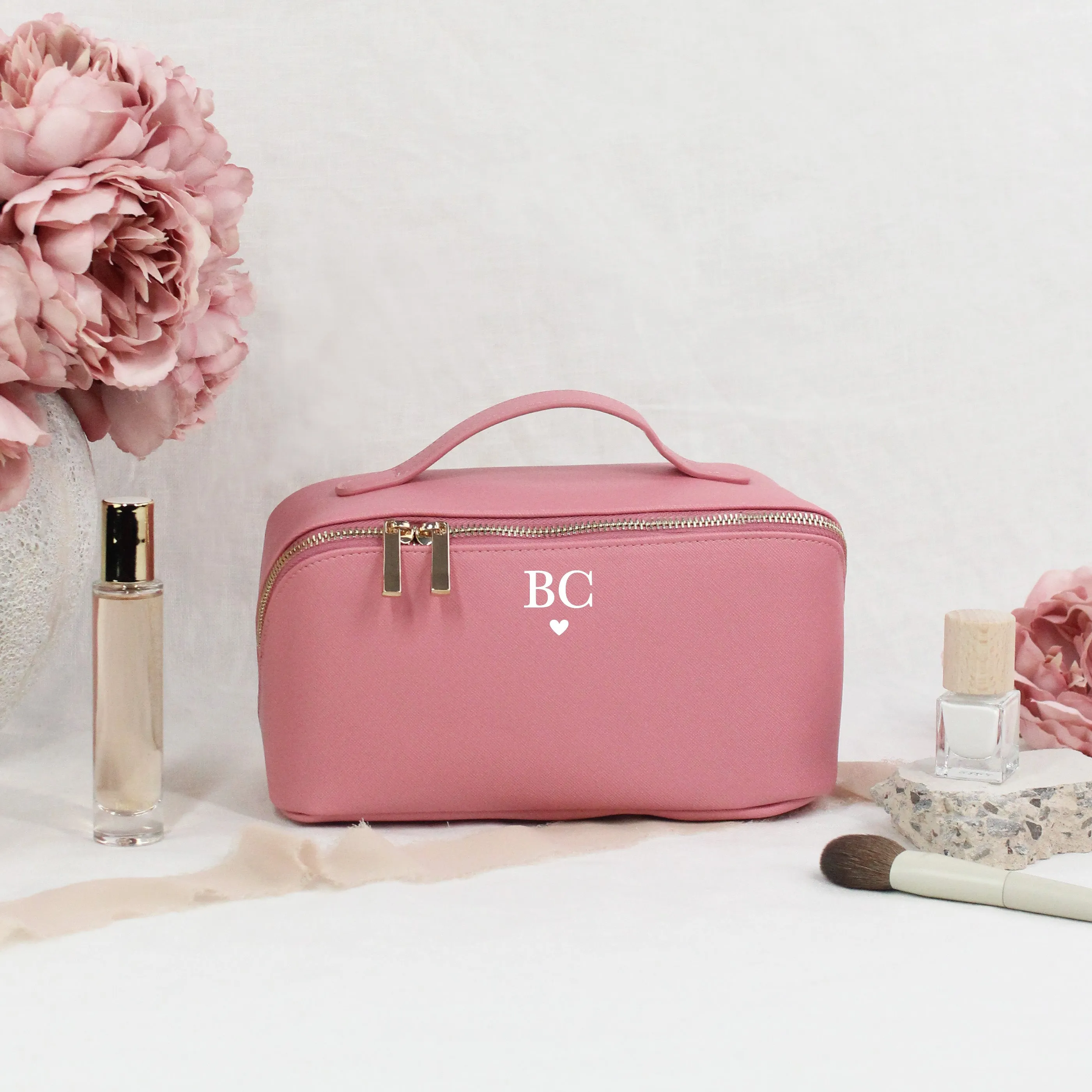 Personalised Flat Lay Make Up Bag with Initials & Heart