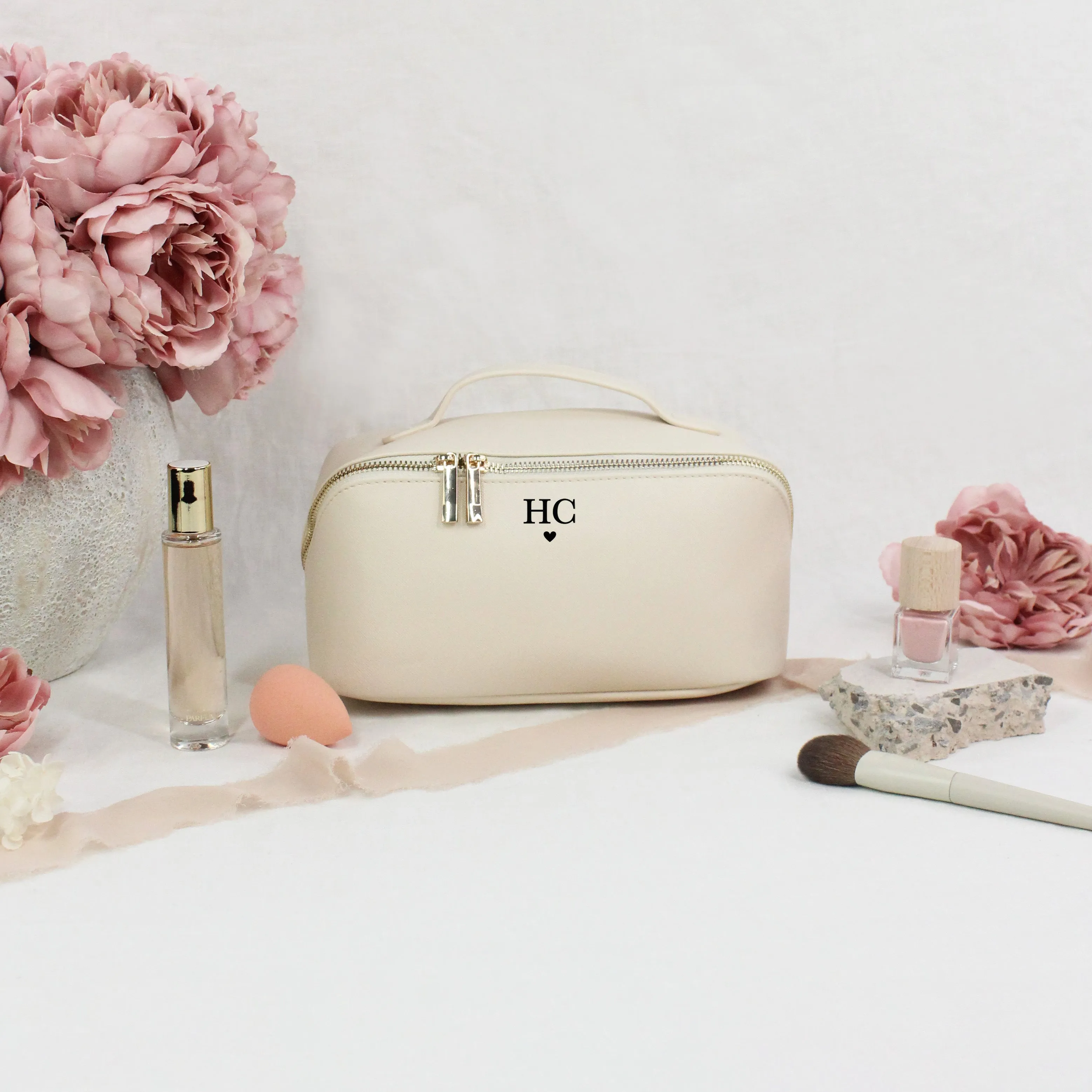 Personalised Flat Lay Make Up Bag with Initials & Heart