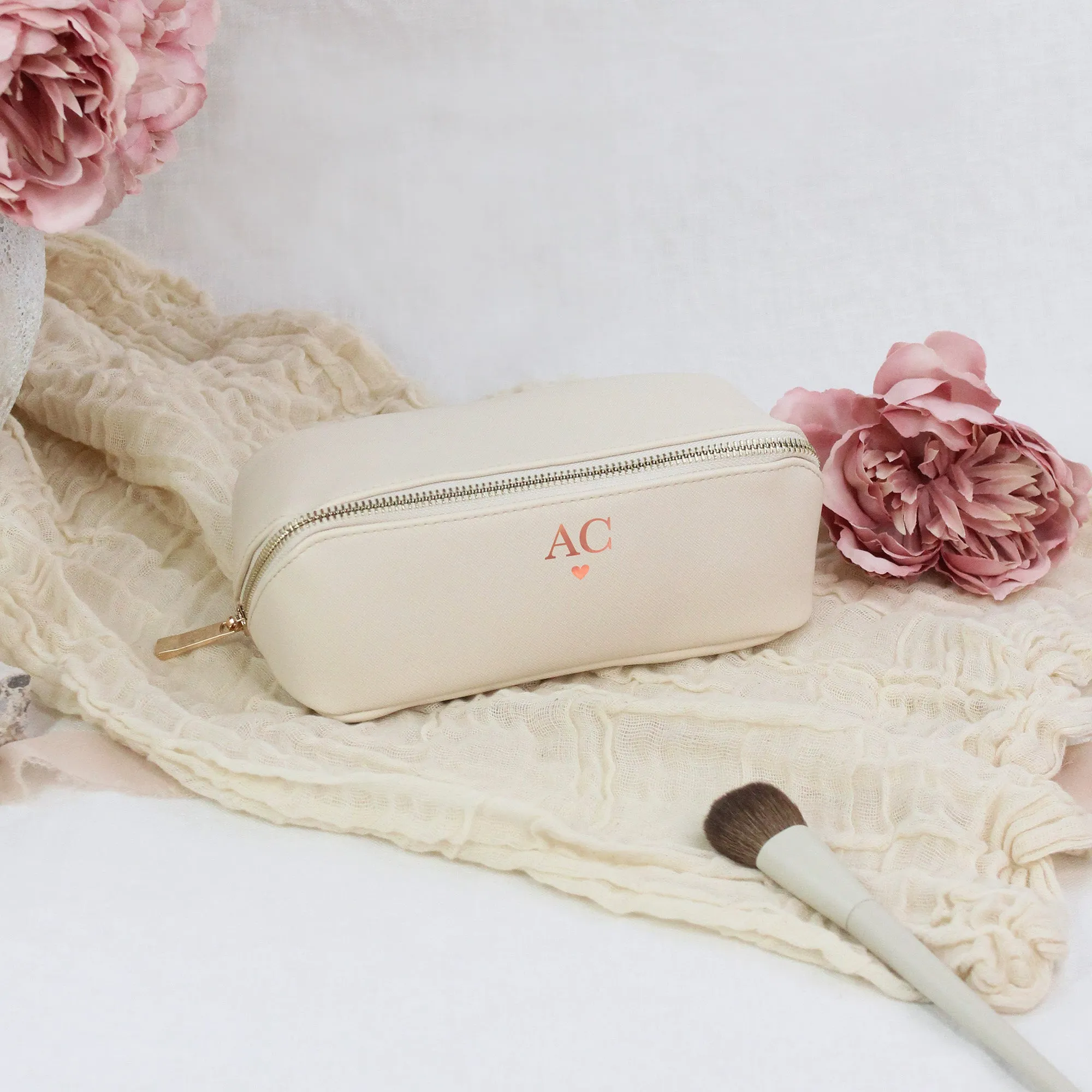 Personalised Flat Lay Make Up Bag with Initials & Heart
