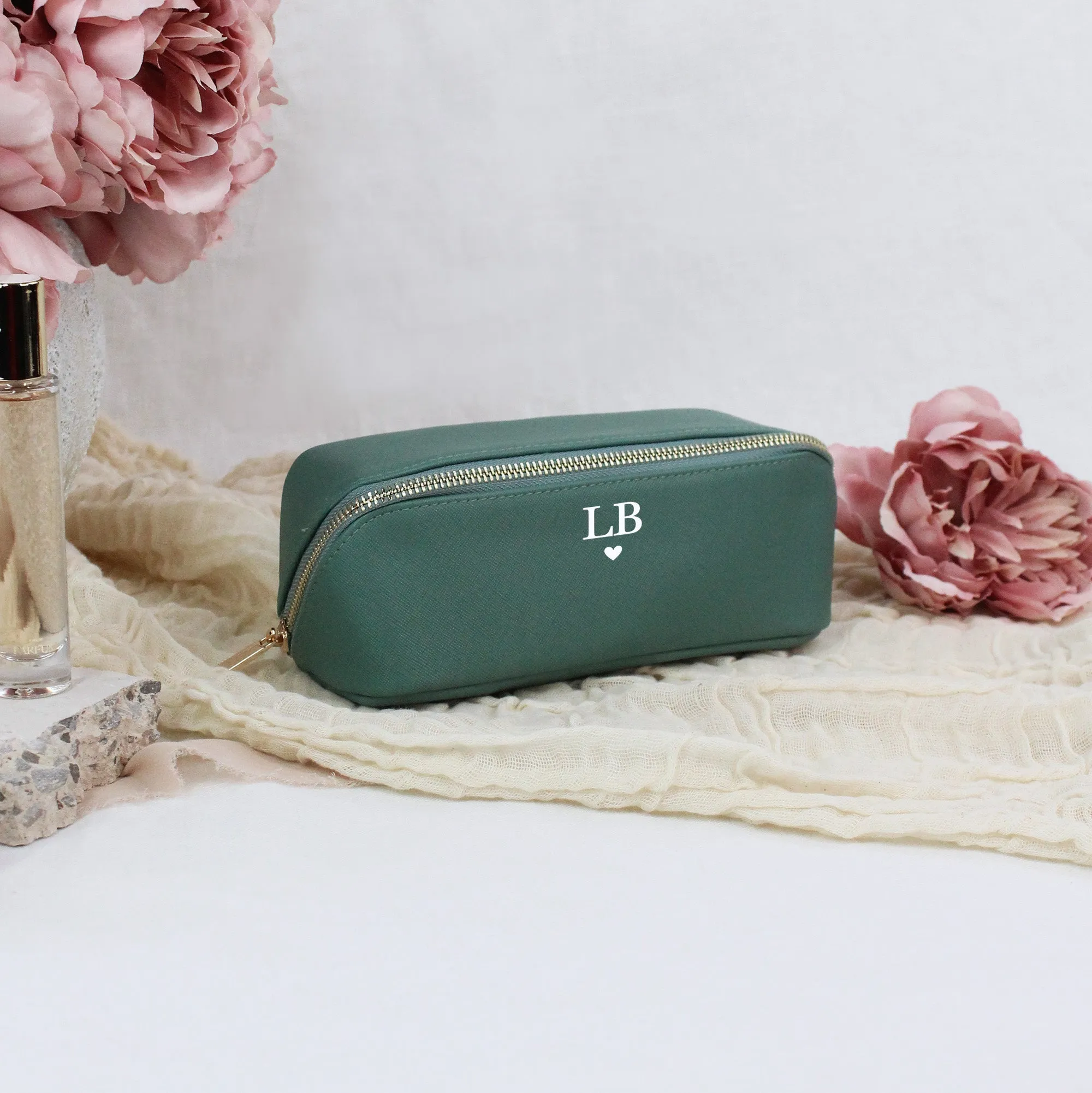 Personalised Flat Lay Make Up Bag with Initials & Heart