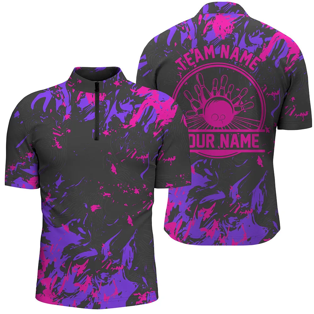 Personalized Bowling Quarter Zip Shirts Men, Multi Color Bowling Balls And Pins Bowling Team Shirts