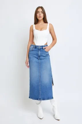 [Peyton] Medium Dark Side Slit Stretch Long Skirt