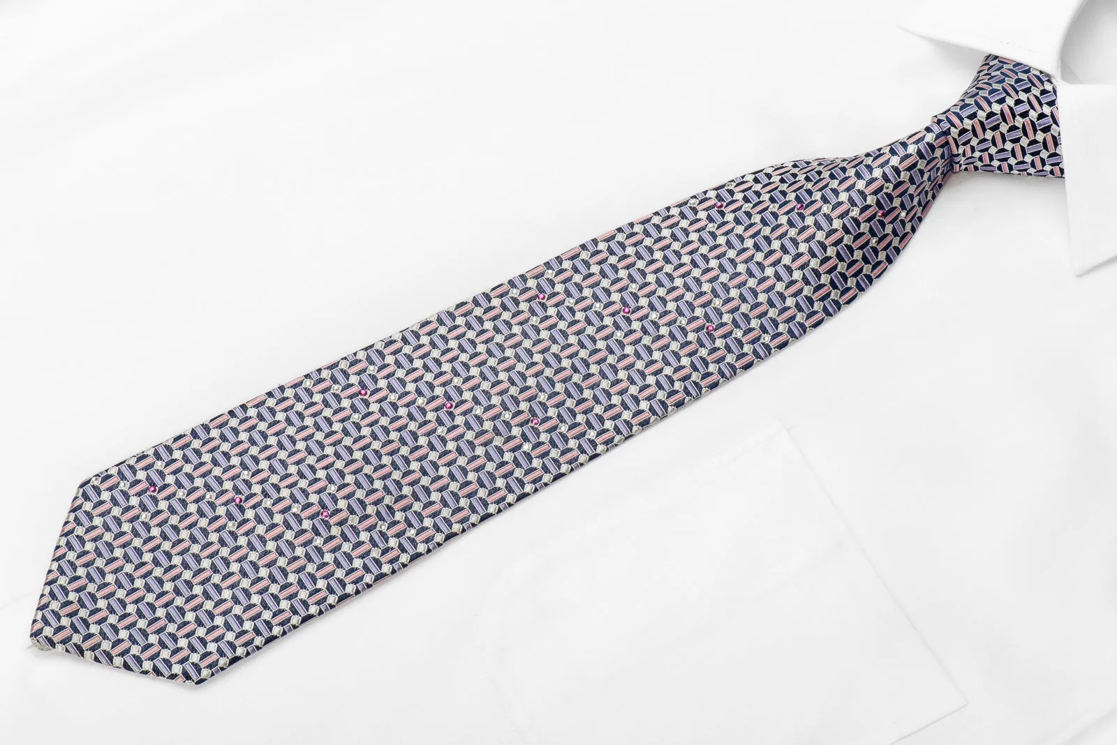 Pierre Cardin Men's Crystal Silk Necktie Purple Silver Geometric On Blue Sparkling With Rhinestones