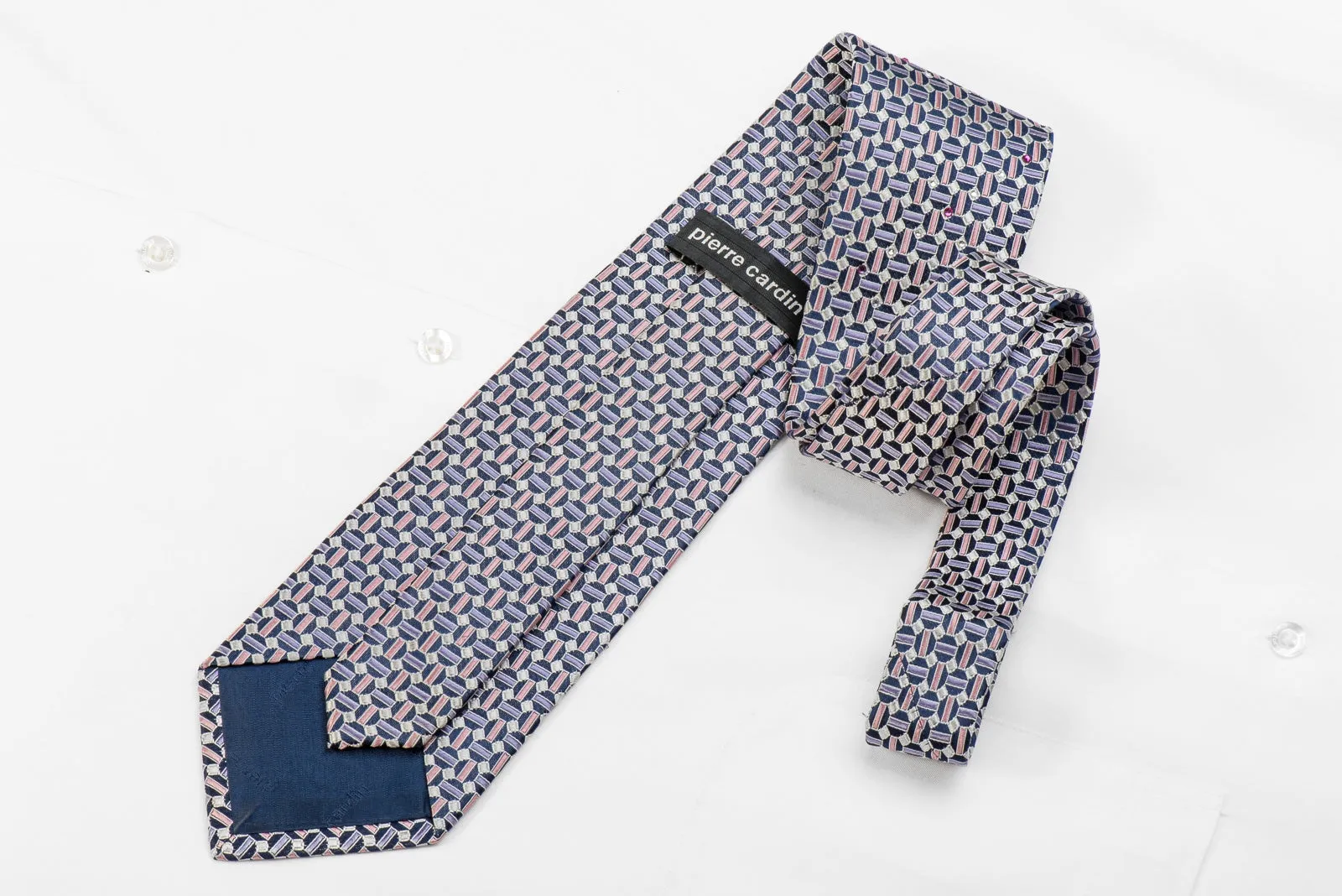Pierre Cardin Men's Crystal Silk Necktie Purple Silver Geometric On Blue Sparkling With Rhinestones