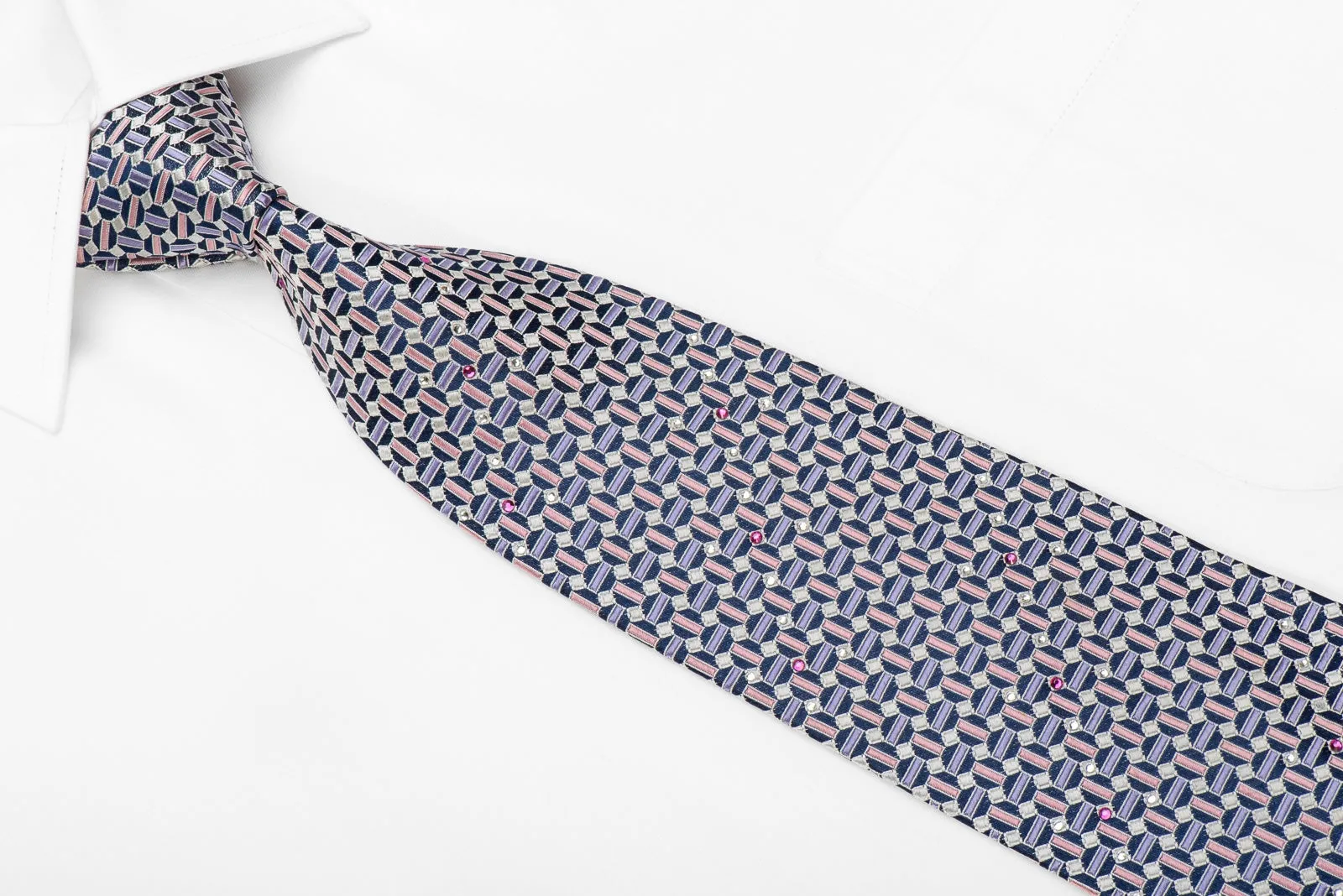 Pierre Cardin Men's Crystal Silk Necktie Purple Silver Geometric On Blue Sparkling With Rhinestones