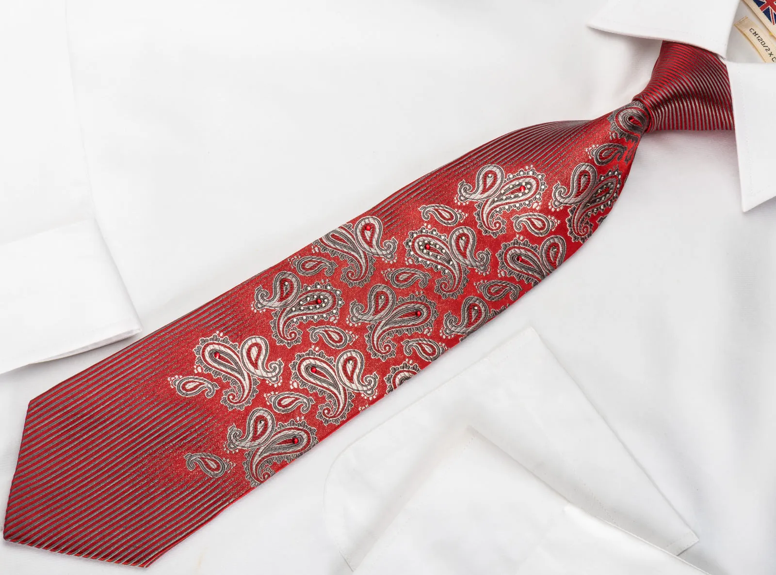 Pierre Cardin Silk Necktie Silver Boteh On Red With Red White Crystal Rhinestones