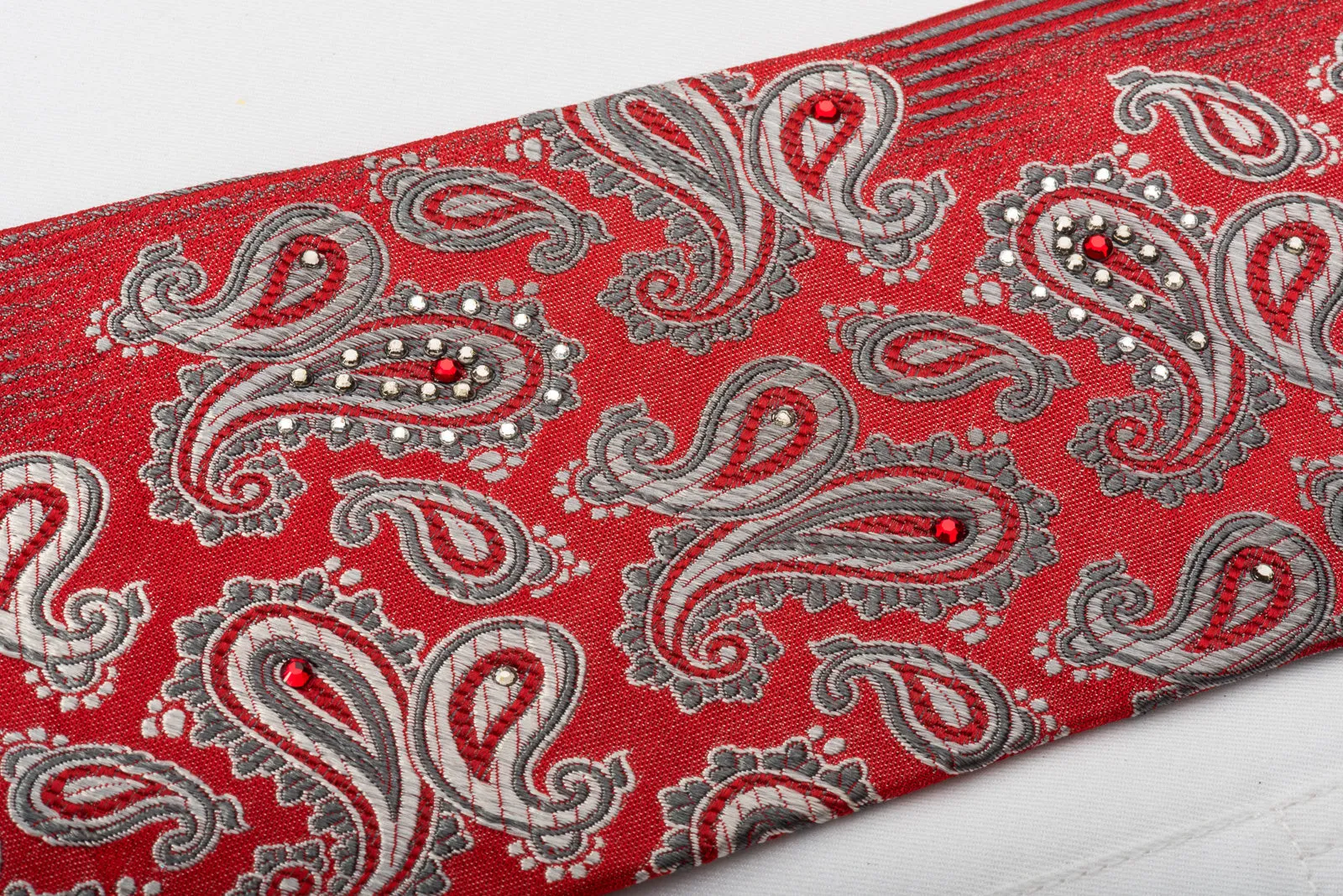 Pierre Cardin Silk Necktie Silver Boteh On Red With Red White Crystal Rhinestones