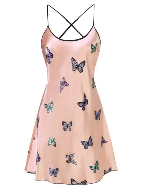 Pink 1970s Butterfly Satin Sling Nightgown