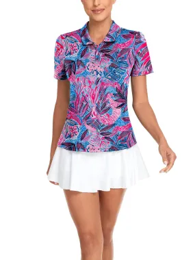 Pink and Blue Vintage Print Golf Polo Shirt for Women